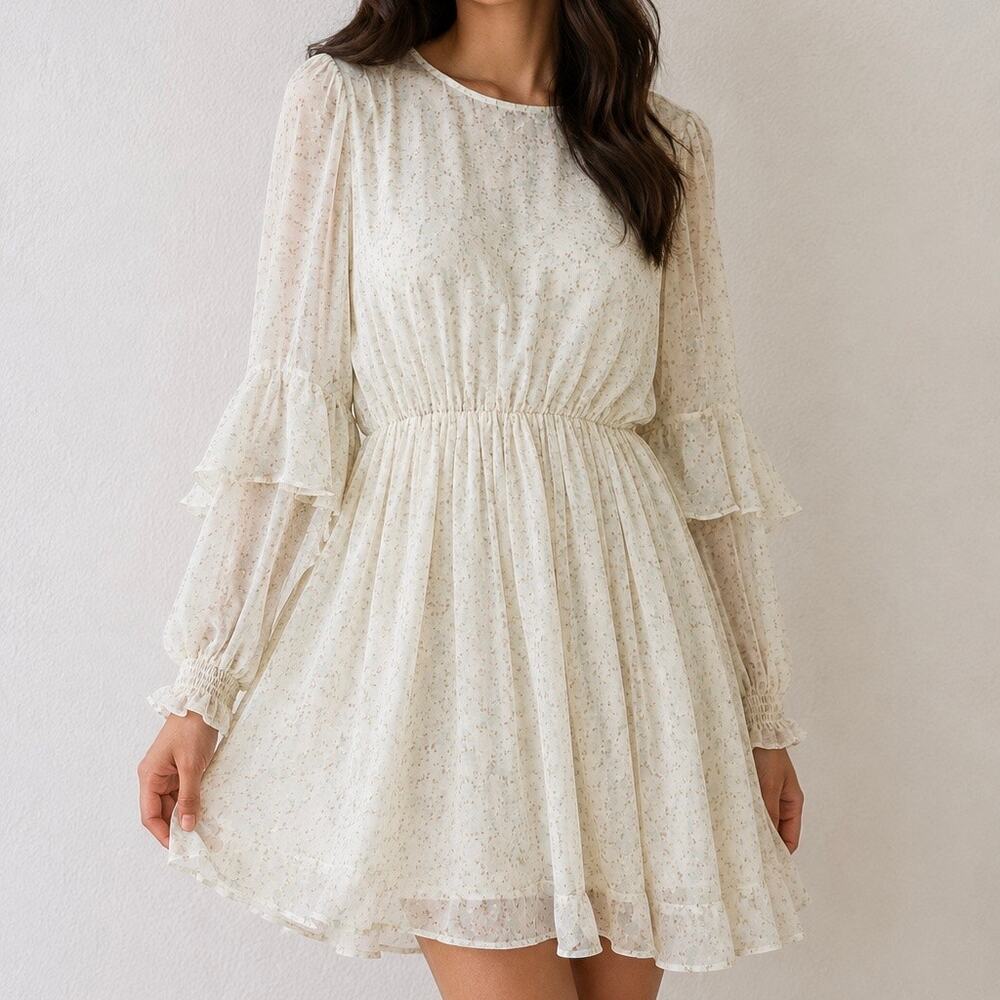 LABELRAIL | Cream Ditsy Floral Chiffon Ruffle Bell Sleeve Mini Dress | Large